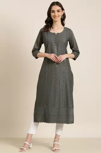 women's calf length round neck grey embellished straight kurta