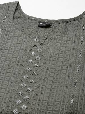 women's calf length round neck grey embellished straight kurta 3