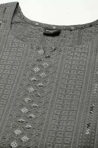 women's calf length round neck grey embellished straight kurta