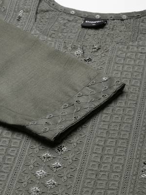 women's calf length round neck grey embellished straight kurta 4