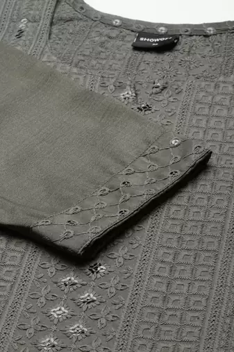 women's calf length round neck grey embellished straight kurta