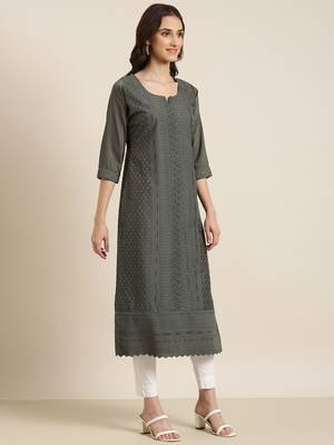 women's calf length round neck grey embellished straight kurta 5