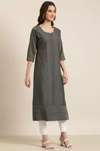 women's calf length round neck grey embellished straight kurta