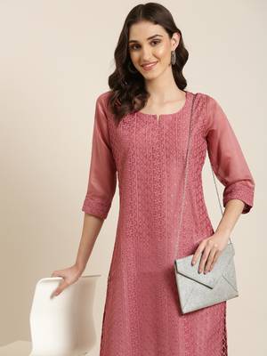 women's calf length round neck mauve embellished straight kurta 1