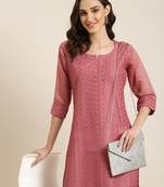women's calf length round neck mauve embellished straight kurta