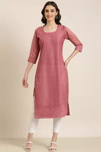 women's calf length round neck mauve embellished straight kurta