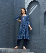 Blue Floral Anarkali Kurta With Navy Pants