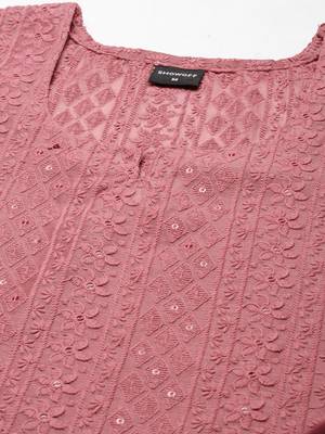 women's calf length round neck mauve embellished straight kurta 3