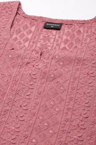 women's calf length round neck mauve embellished straight kurta