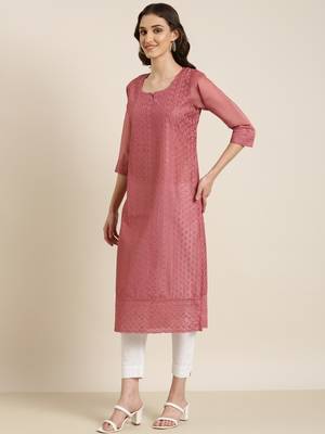 women's calf length round neck mauve embellished straight kurta 5