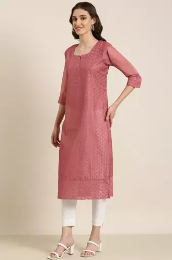 women's calf length round neck mauve embellished straight kurta