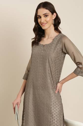 women's calf length round neck taupe embellished straight kurta