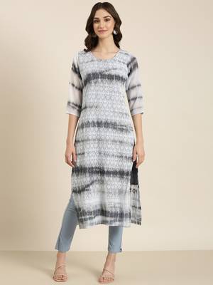 women's calf length round neck grey embellished straight kurta 2