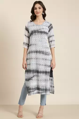women's calf length round neck grey embellished straight kurta