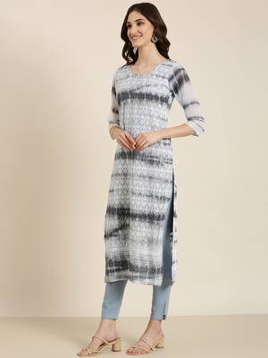 women's calf length round neck grey embellished straight kurta 4