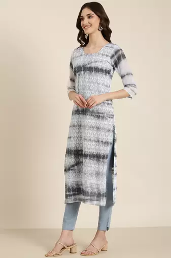 women's calf length round neck grey embellished straight kurta