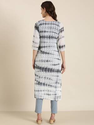 women's calf length round neck grey embellished straight kurta 5