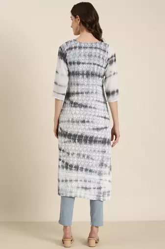 women's calf length round neck grey embellished straight kurta