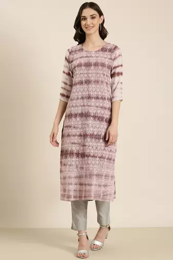 women's calf length round neck mauve embellished straight kurta
