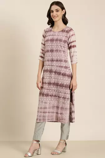 women's calf length round neck mauve embellished straight kurta