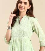 women's ankle length mandarin collar green floral anarkali kurta