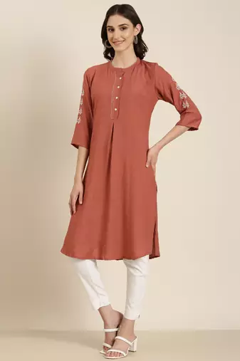 women's calf length round neck pink solid straight kurta