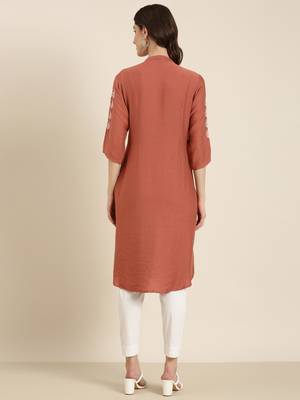 women's calf length round neck pink solid straight kurta 5