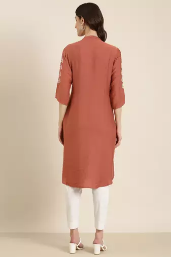 women's calf length round neck pink solid straight kurta