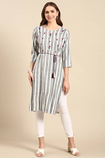 women's calf length scoop neck grey striped straight kurta