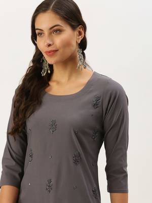 women's calf length round neck grey embellished straight kurta 1
