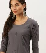 women's calf length round neck grey embellished straight kurta