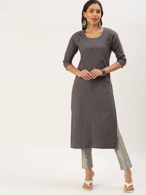 women's calf length round neck grey embellished straight kurta 2