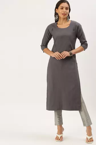 women's calf length round neck grey embellished straight kurta