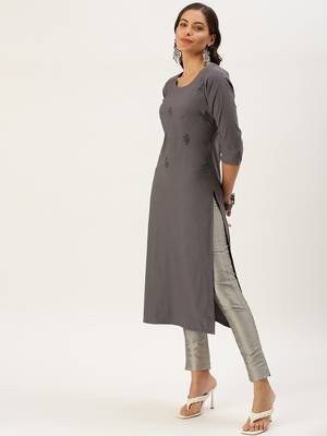 women's calf length round neck grey embellished straight kurta 3