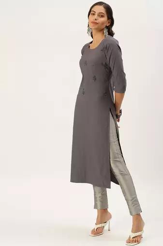 women's calf length round neck grey embellished straight kurta