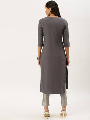 women's calf length round neck grey embellished straight kurta 4