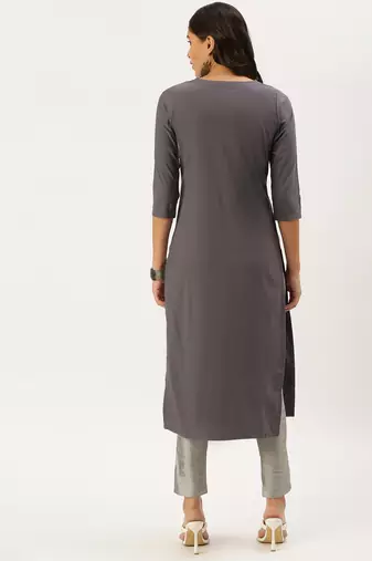 women's calf length round neck grey embellished straight kurta