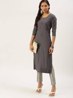 women's calf length round neck grey embellished straight kurta 5