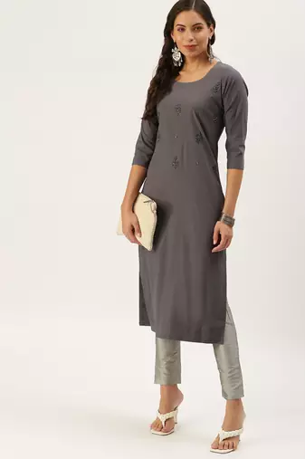 women's calf length round neck grey embellished straight kurta