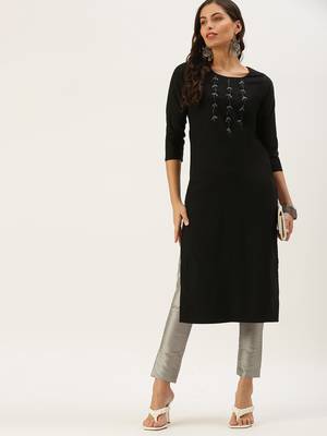 women's calf length round neck black solid straight kurta 1