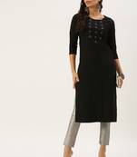 women's calf length round neck black solid straight kurta