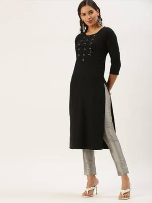 women's calf length round neck black solid straight kurta 2