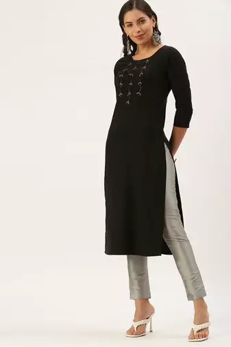 women's calf length round neck black solid straight kurta