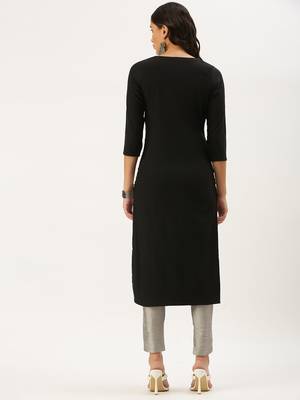 women's calf length round neck black solid straight kurta 3