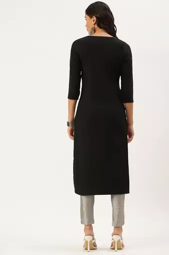 women's calf length round neck black solid straight kurta