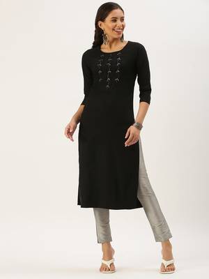 women's calf length round neck black solid straight kurta 4
