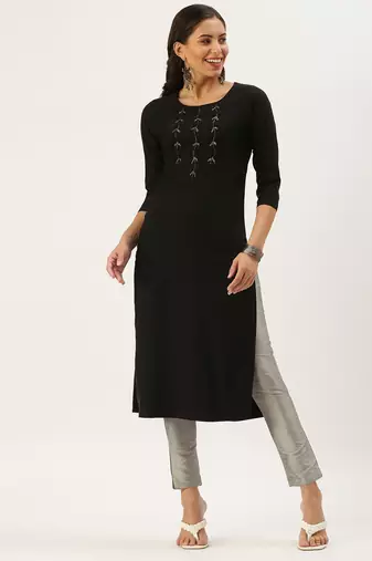 women's calf length round neck black solid straight kurta