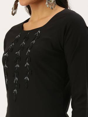 women's calf length round neck black solid straight kurta 5