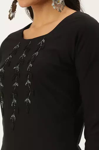 women's calf length round neck black solid straight kurta