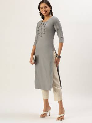 women's calf length round neck grey solid straight kurta 1
